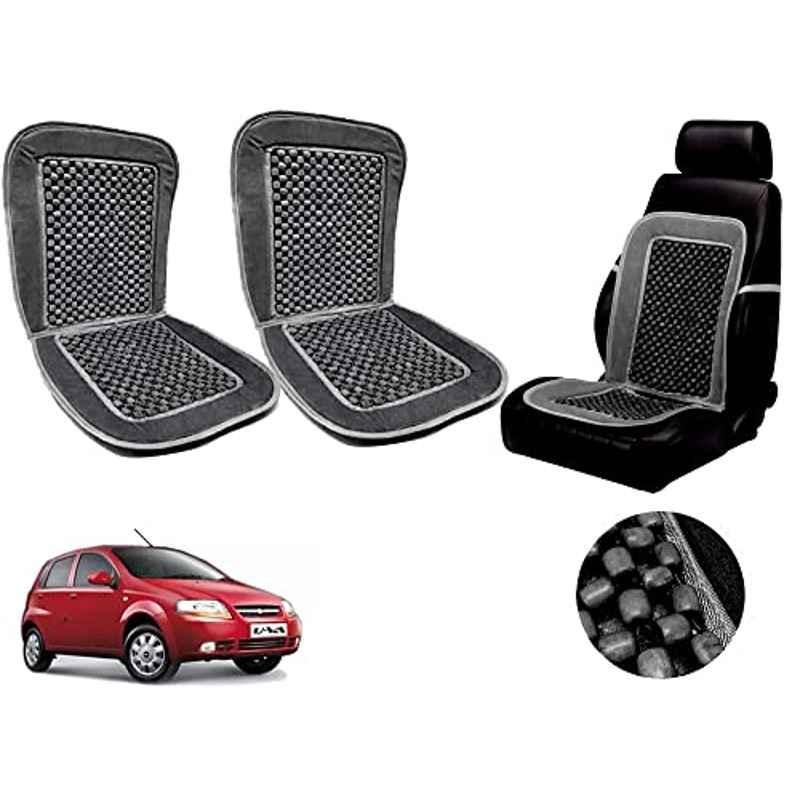 Auto Pearl PU, Velvet & Wooden Beads Grey Rectangular Seat Cushion for Chevrolet Aveo (Pack of 2 )