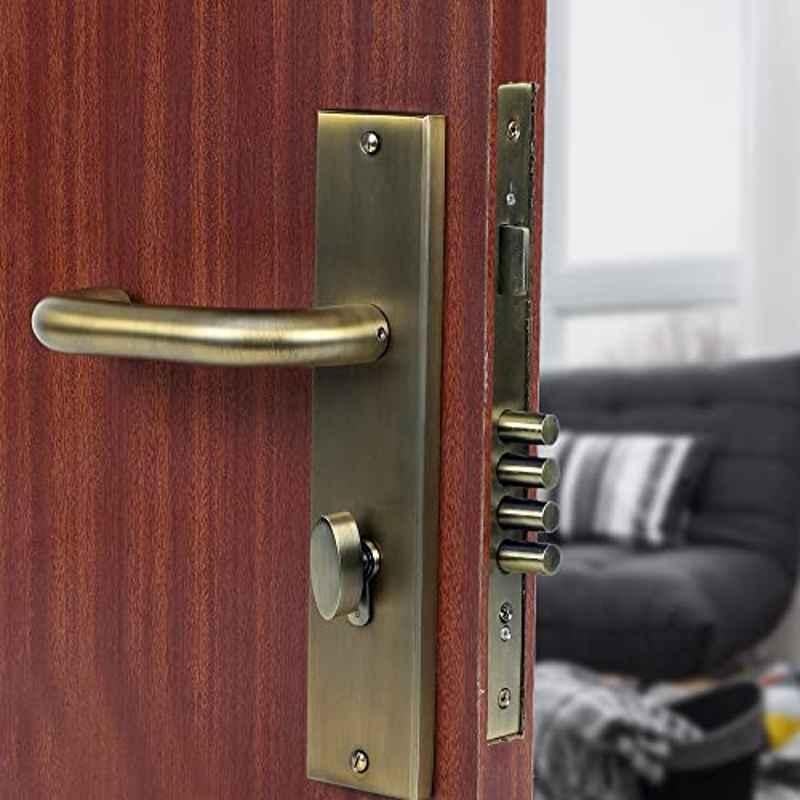 Saze 10 inch Stainless Steel Antique Brass Finish Cylindrical Plate One Side Key Mortise Door Lock Handle Set with 3 Keys, MG-1103