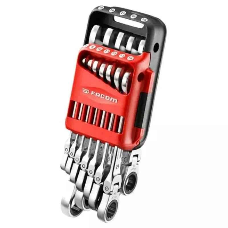 Facom 12 Pcs 7-19 mm Satin Chrome Metric Flex Ratchet Combination Wrench Set, 467BF.JP12PB