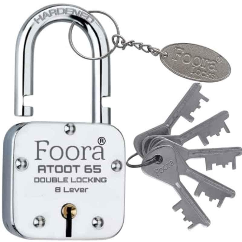 Foora 65mm Silver Alloy Steel Hardened Shackle Padlock for Home with 5 Keys & Key Chain, Atoot 65
