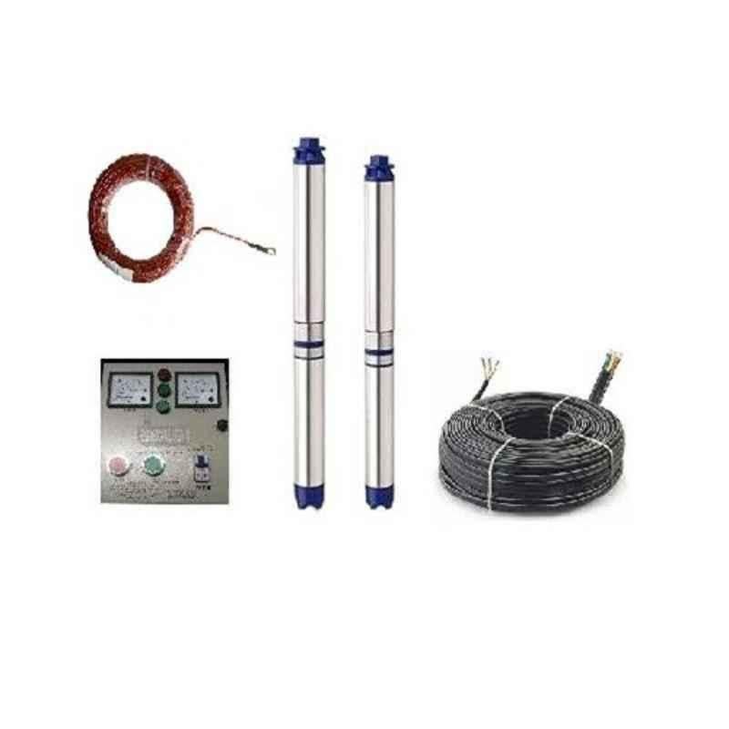 Damor 1.5HP Single Phase Oil Filled Borewell Submersible Pump with Control Panel, 60m Safety Wire & 50m Submersible Cable
