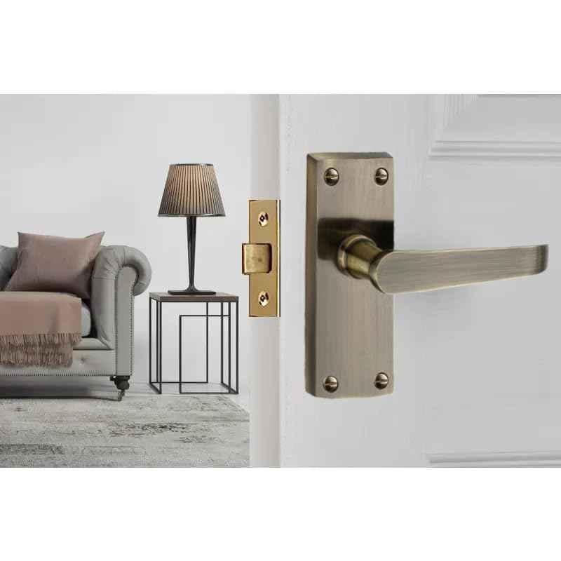 Screwtight 4 inch Zinc Antique Brass Finish Straight Lever Latch Handle Door Lock Set, Z110101AB