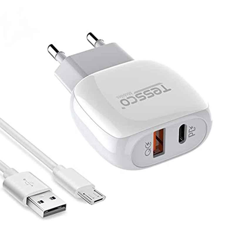 Tessco 20W 2.1A White Dual USB Travel Charger with 100cm Cable for Tablets, Mobiles & Power Bank, BC-202