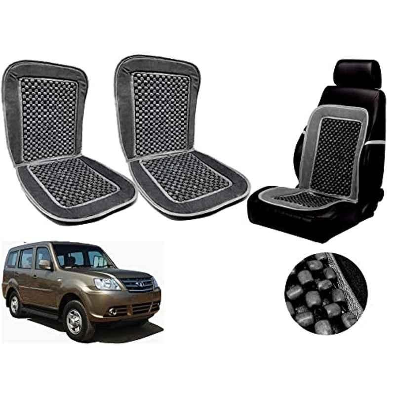Auto Pearl PU, Velvet & Wooden Beads Grey Rectangular Seat Cushion for Tata Grand Dicor (Pack of 2 )