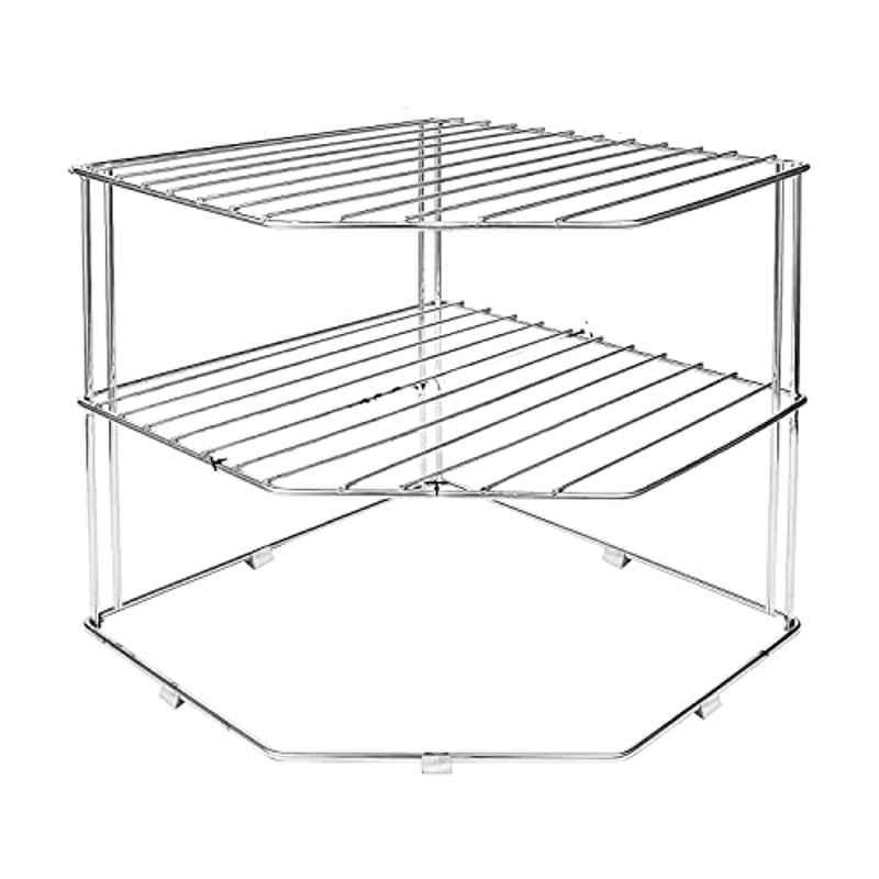 Plantex Stainless Steel Silver Floor Mount Multipurpose 2 Tier Kitchen Corner Storage Shelf, APS-348