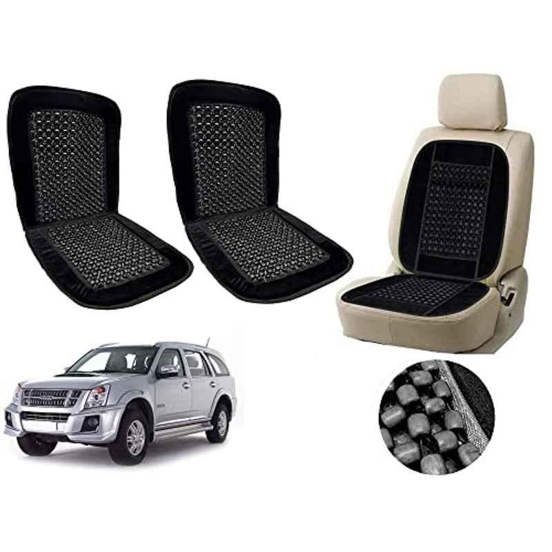 Auto Pearl PU, Velvet & Wooden Beads Black Rectangular Seat Cushion for Isuzu MU-7 (Pack of 2 )