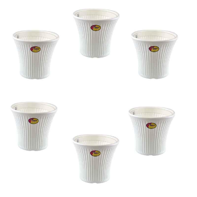 Rishta 9x10 inch Plastic White Round Poudha Planter Gamla Pot with Tray (Pack of 6)
