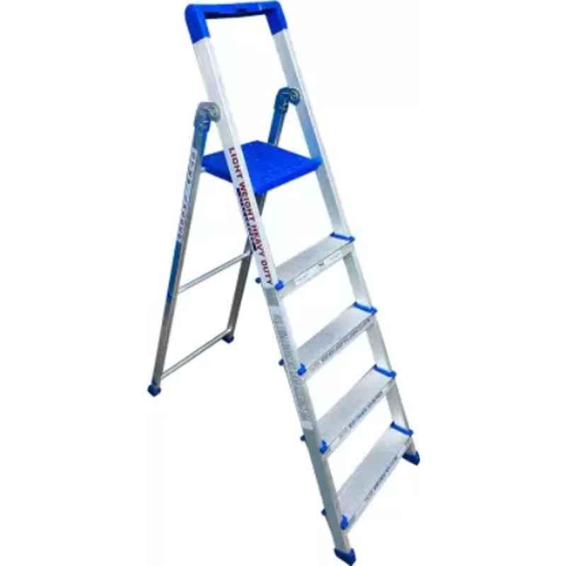 TNC 75kg 5 Steps Aluminium & Plastic Silver & Blue Foldable Ladder with Platform, SL-0144