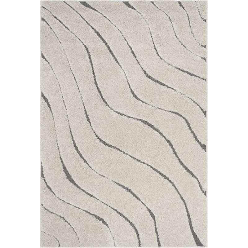 Carpetify 3x5ft Ivory & Grey Abstract Wavy Design Shaggy Carpet, 1224YR3871O