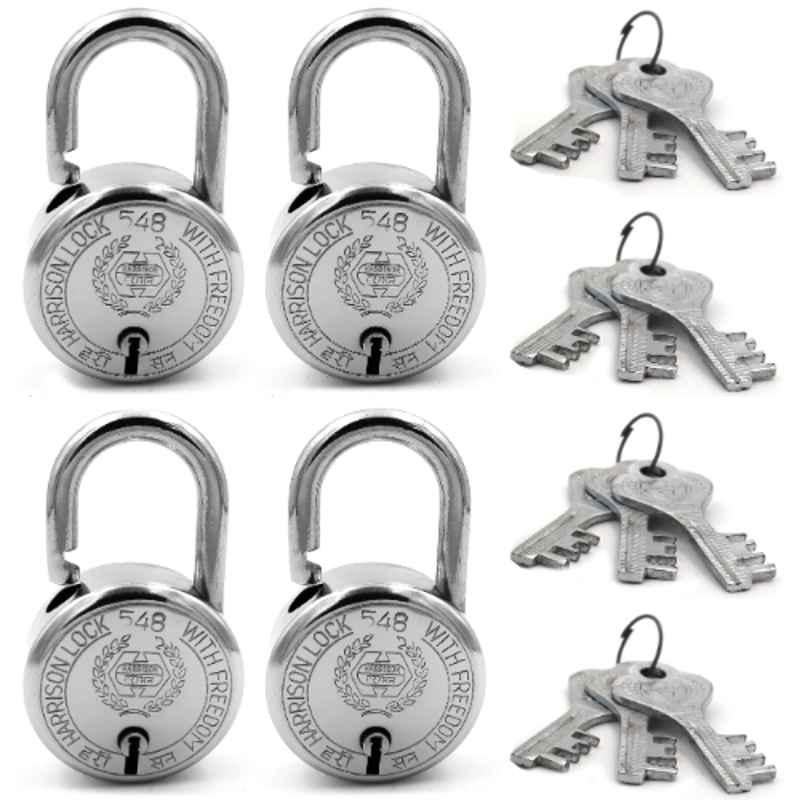 Harrison 55mm 7 Lever Mild Steel Bright Chrome Polished Finish Round Padlock with 3 Keys, T-26-0276 (Pack of 4)