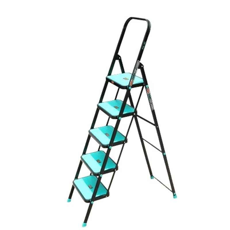 Prime Hulk 5 Step Alloy Steel Black & Green Foldable Ladder with Large Anti-Skid Step, PHL-05