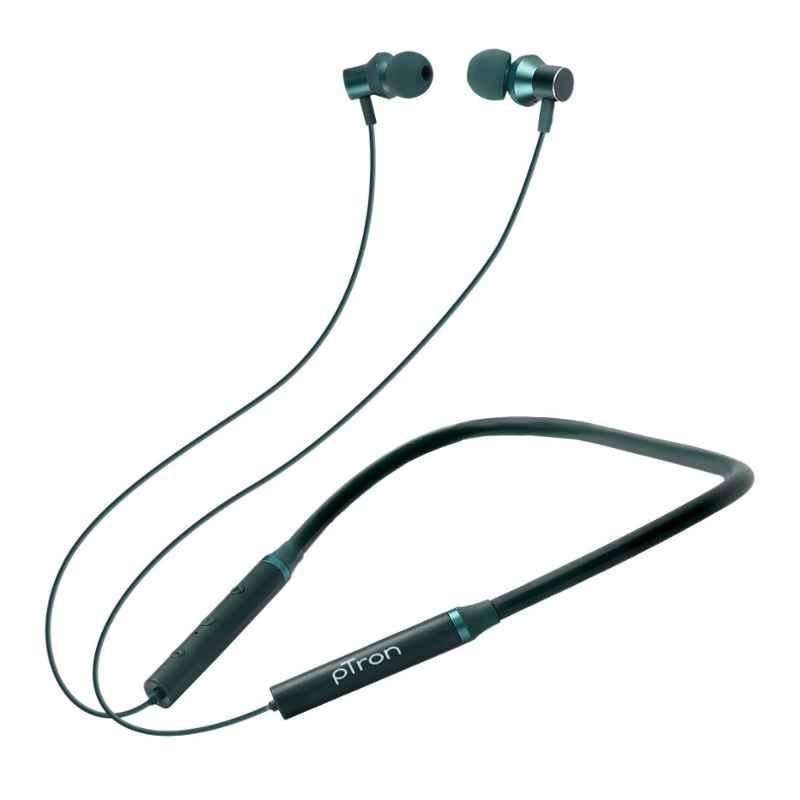 pTron Tangentbeat 10mm Dark Green In-Ear Bluetooth Wireless Neckband with Mic, Enhanced Bass, Fast Charging, Magnetic Buds & IPX4