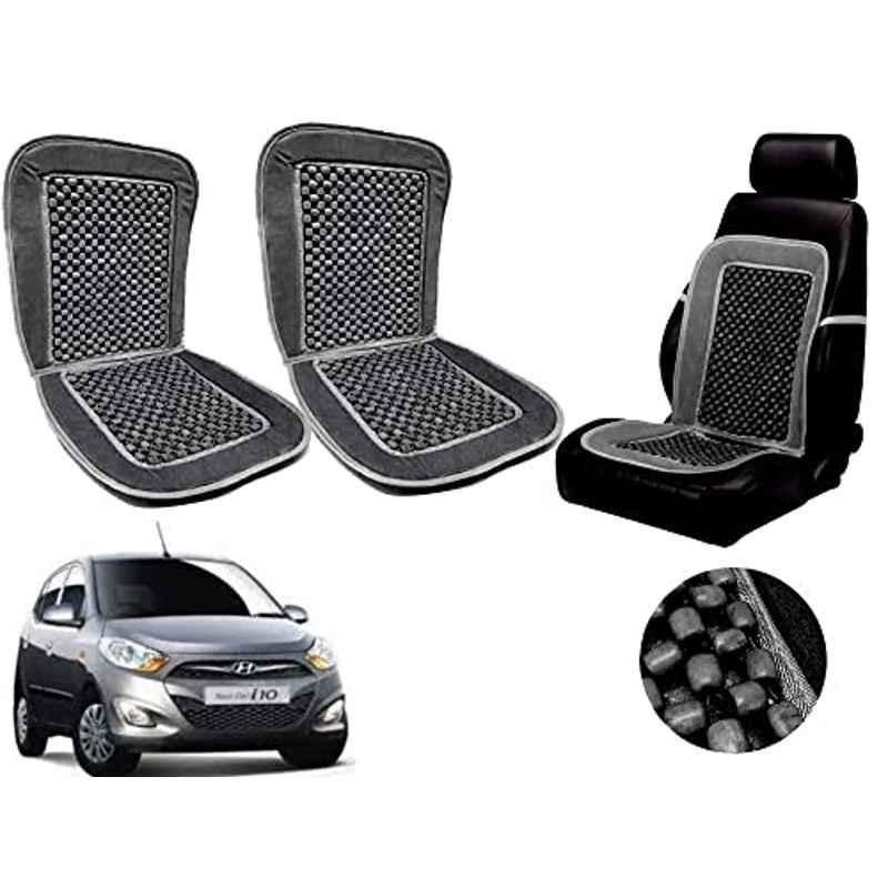 Auto Pearl PU, Velvet & Wooden Beads Grey Rectangular Seat Cushion for Hyundai i10 Type-2 (Pack of 2 )