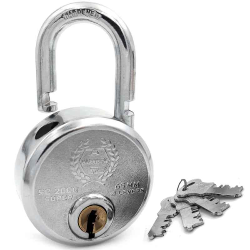 Harrison 65mm 8 Lever Mild Steel Bright Chrome Plated Finish Round Padlock with 4 Keys, SC-2000-0536