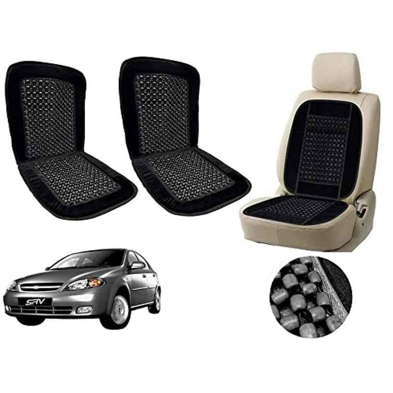 Auto Pearl PU, Velvet & Wooden Beads Black Rectangular Seat Cushion for Chevrolet Optra SRV (Pack of 2 )