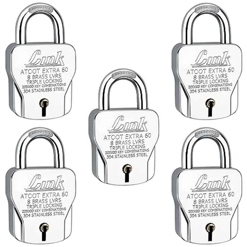 Link 60mm Stainless Steel Triple Locking Mechanism Padlock with 3 Silver Keys & Free Keychain, Atoot Extra 60 (Pack of 5)
