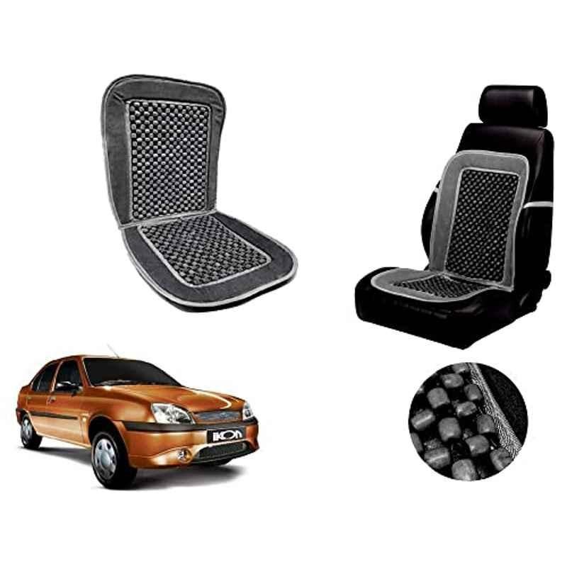 Auto Pearl PU, Velvet & Wooden Beads Grey Rectangular Seat Cushion for Ford Ikon