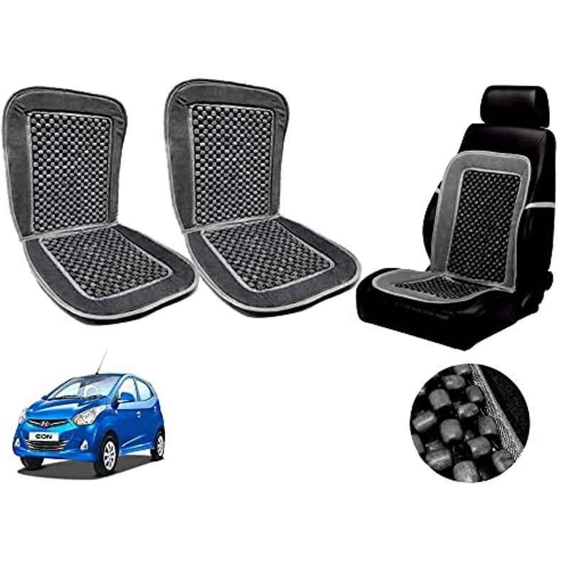 Auto Pearl PU, Velvet & Wooden Beads Grey Rectangular Seat Cushion for Hyundai Eon (Pack of 2 )
