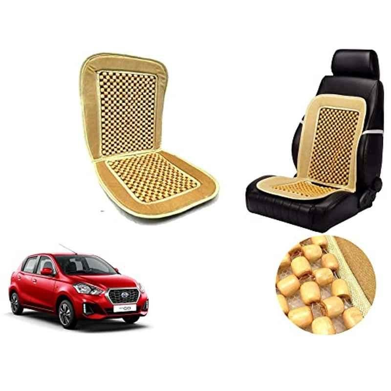 Auto Pearl PU, Velvet & Wooden Beads Beige Rectangular Seat Cushion for Datsun Go